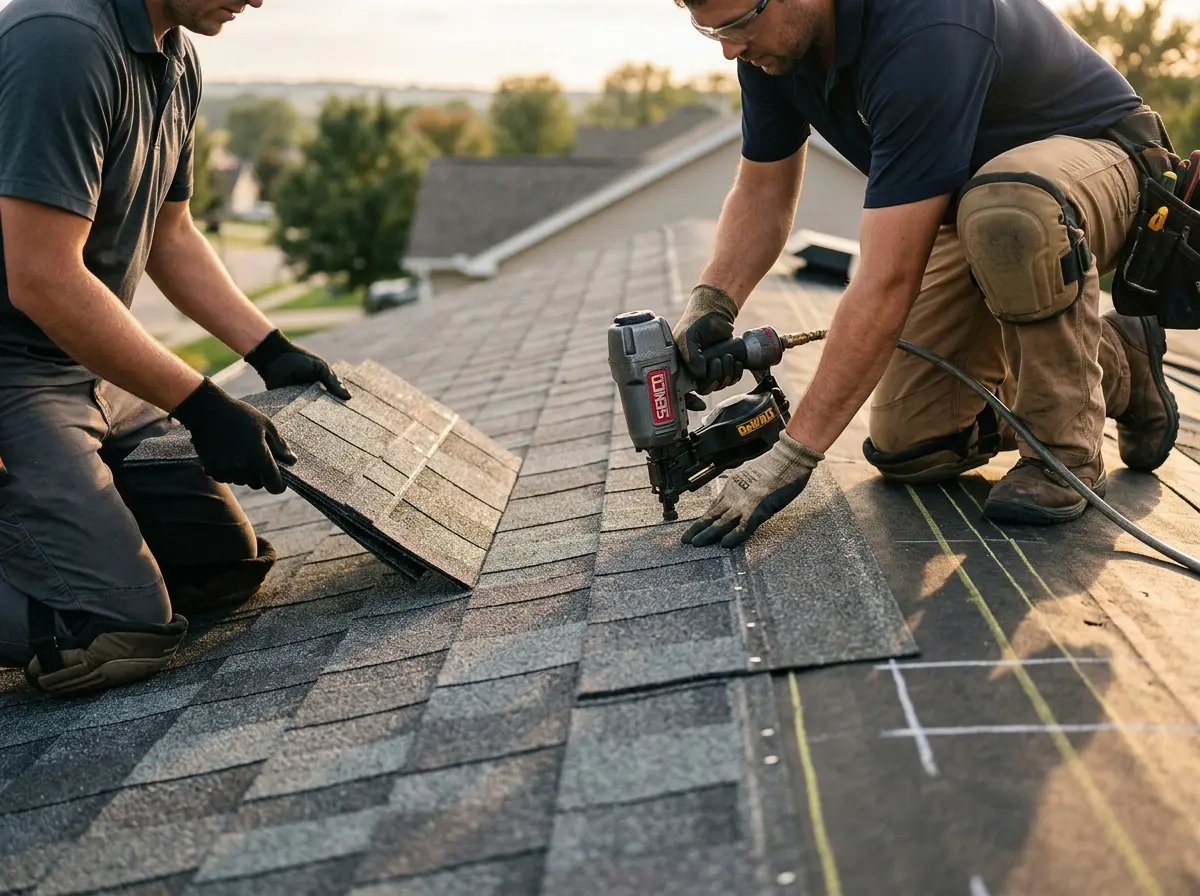 Professional roofer working on a residential roof in Brookside